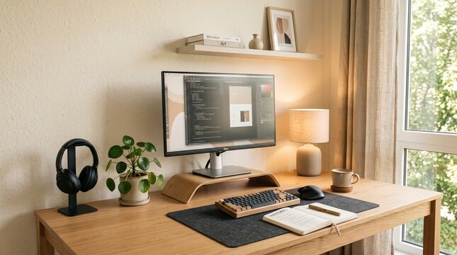 Minimalist home office desk setup with computer and accessories