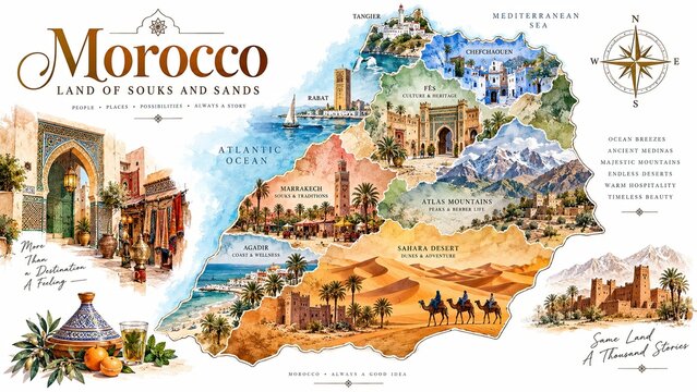 Morocco illustrated map infographic highlighting cities, landmarks, landscapes, and cultural destinations across the country.