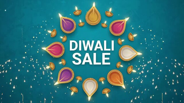 Diwali sale text inside colorful diyas circle with bursting fireworks on blue animated background motion graphic
