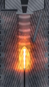 Laser welding keyhole cross section with vapour cavity, molten pool and solidification ripples along a vertical seam in subtle mill tones vertical 9:16