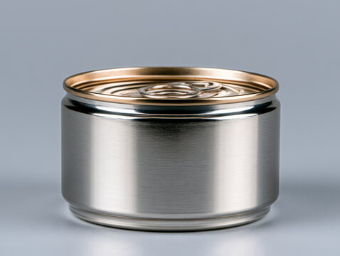 Metal can container with pull tab lid photographed against neutral background, showing polished aluminum surface, cylindrical packaging form, and durable storage design for canned goods