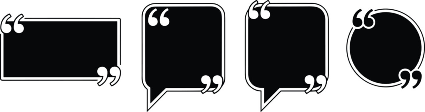 Quotation mark bubble frames collection with black fill and diverse geometric shapes.