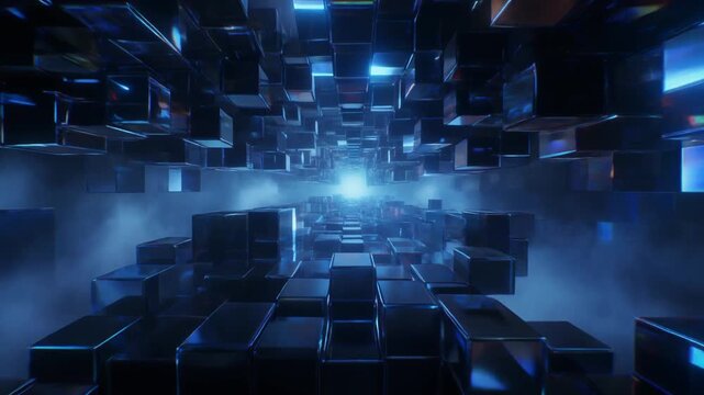 Futuristic 3D digital cube tunnel background with glowing blue lights and mysterious dark atmosphere