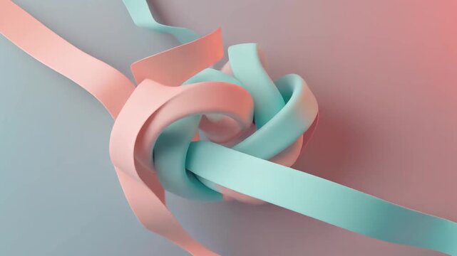 A close-up view of a complex knot made of interwoven pink and turquoise ribbons on a colorful background