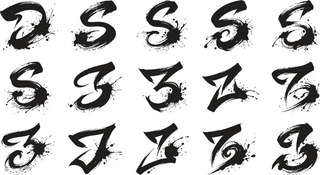 Set of expressive black ink brush stroke calligraphic letters S Z numbers typography paint splatters vector isolated on white background