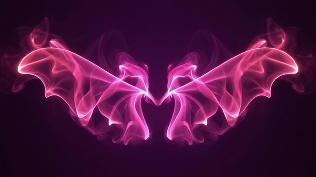 Glowing pink smoke forming the shape of devil wings on a dark purple background, fantasy concept