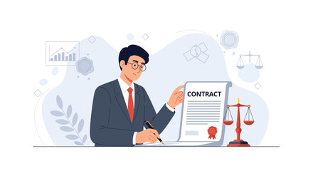 Fototapeta premium Businessman Signing Contract, Scales of Justice, and Financial Chart - Legal Agreement and Business Deal Illustration