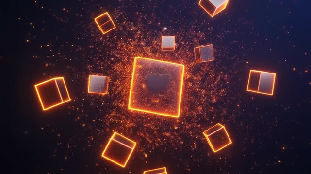 Glowing geometric cubes floating in a futuristic digital space with fiery particle explosion effects