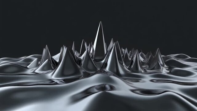 Abstract metallic fluid waves forming sharp spiky peaks resembling ferrofluid in dark tones