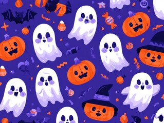 Fototapeta premium Halloween ghosts and jack o lanterns playful pixel art illustration
