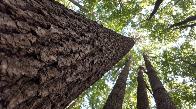 Low angle view of tall tree trunks in a lush green forest