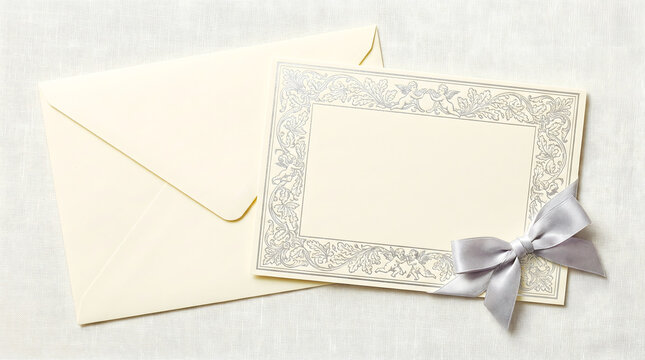 An elegant and minimalist silver wedding anniversary greeting card featuring an artistic silver foil frame pattern, a blank card with an envelope, and a silver ribbon embellishment.