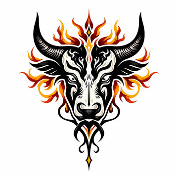 Tribal Bull Head with Fire Flames and Horns