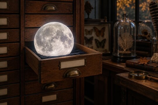Glowing miniature moon stored in an open wooden specimen drawer in a vintage study for a surreal celestial collection and discovery concept