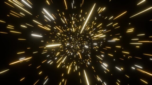 ロイヤルゴールドの発光粒子がワープトンネルを高速で駆け抜ける10秒4Kループ動画。式典や高級ブランド広告、イベント演出に最適なシネマティック素材