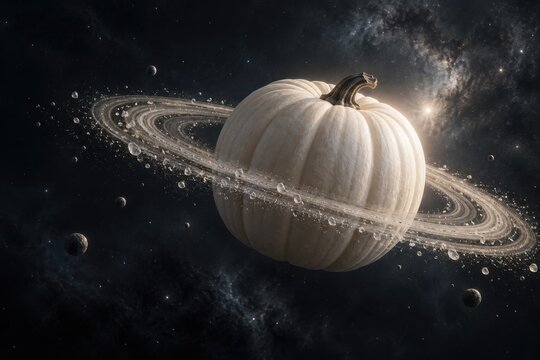 White pumpkin encircled by glittering planetary rings in a dark star field for a surreal autumn harvest imagined as a celestial world