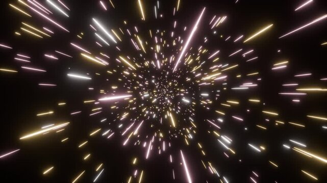 ローズゴールドの発光粒子がワープトンネルを高速で駆け抜ける10秒4Kループ動画。ブライダル広告や美容LP、イベント演出に最適なシネマティック素材