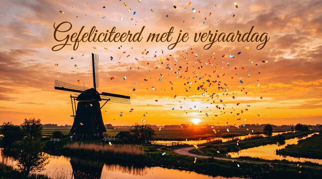 Traditional Dutch windmill silhouette at golden sunset with confetti, Gefeliciteerd met je verjaardag greeting text concept.