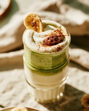 Banana bread matcha latte in tall glass with green tea and creamy milk layers. Refreshing beverage served for breakfast or brunch cafe menu