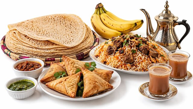 Somali cuisine served with canjeero flatbread, spiced rice, sambusas, bananas, and traditional tea on a white background.