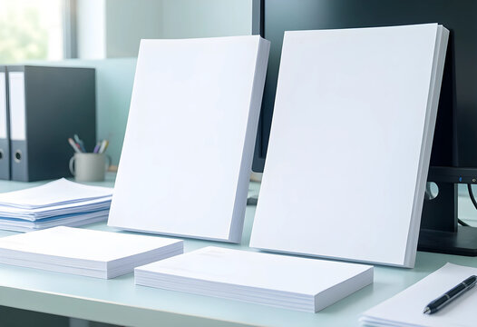 Blank paper mockup for corporate branding, stacks of white documents on office desk with computer monitor and stationery for business communication design