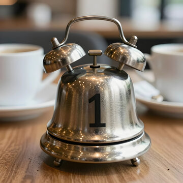 Deadline pressure and time management, service bell with number one on a wooden table in a cafe for business priority and customer service efficiency