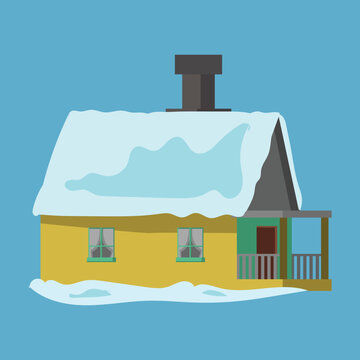 Cozy Winter House with Snow Covered Roof and Chimney