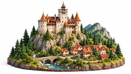 Obraz premium Miniature illustration of a Romanian medieval castle and village on a rocky hill amid forests and mountains.