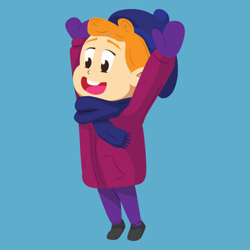 Happy Child in Winter Coat Scarf and Hat Cartoon Vector