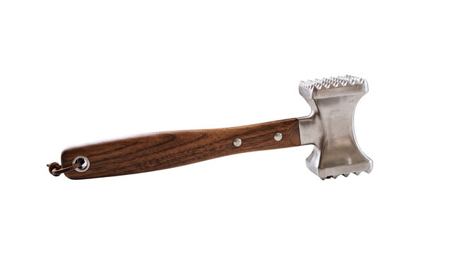 Meat Tenderizer Mallet with Wooden Handle, Metal Kitchen Hammer Tool for Meat Preparation isolated PNG with Transparent Background
