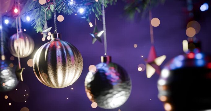 Festive Christmas Decorations with Bokeh Lights and Ornaments