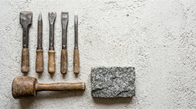 Set of five metal chisels with wooden handles and hammer on textured surface with engraving tools