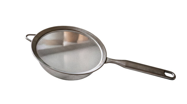 Stainless steel mesh strainer with long handle, kitchen colander sieve for cooking, metallic food sifter tool isolated PNG with Transparent Background