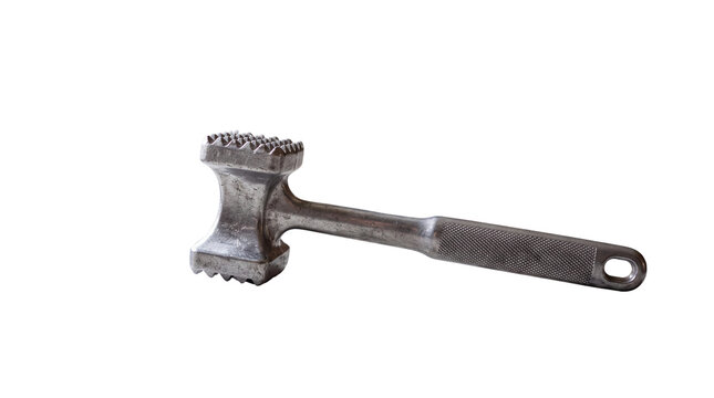 Vintage metal meat tenderizer mallet, heavy duty aluminum kitchen utensil, silver meat hammer tool for cooking preparation isolated PNG with Transparent Background