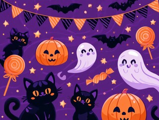 Fototapeta premium Halloween-themed illustration with jack o lanterns, ghosts, and candy