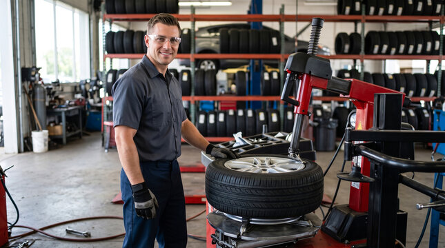 Auto mechanic smiling at camera near tire changer with wheel in auto repair shop, tire replacement service and vehicle maintenance.
