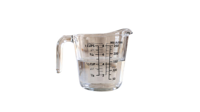 Clear glass measuring cup with liquid water, transparent kitchen measuring jug for baking, precise culinary measurement tool isolated PNG with Transparent Background