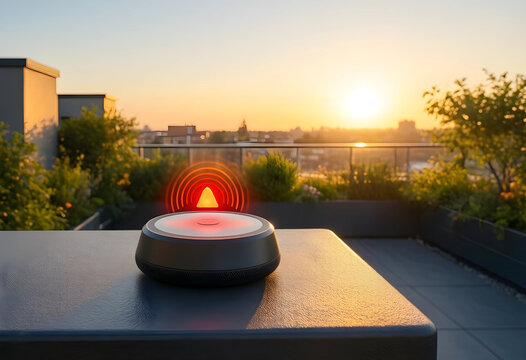 Smart home security and automation, wireless alarm sensor with red alert signal on a balcony at sunset for residential safety and monitoring technology