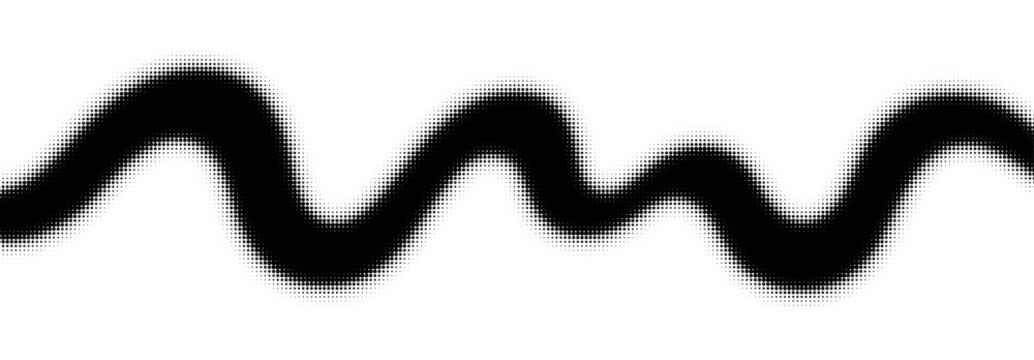 Abstract black halftone ribbon wave, dotted pattern for background. Dynamic wave, ribbon pattern. Curved line with halftone effect, flud design. Monochrome gradient line for background. Vector art