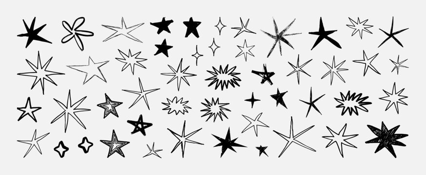 Hand drawn stars and sparkles with rough ink strokes. Y2K doodles - sparkles, bursts, and twinkle elements. Doodle starbursts for stickers, stars graphic elements. Vector collection celestial decor