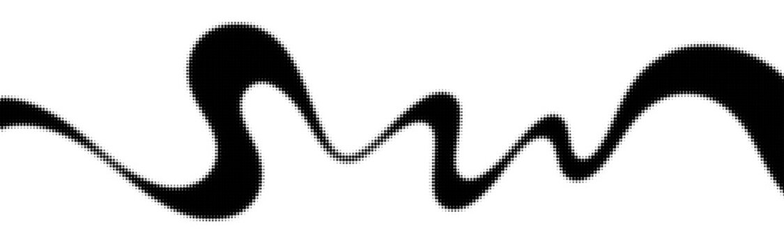 Elegant dynamic line with a halftone effect. Slender abstract black wavy ribbon, dotted pattern. Monochrome dynamic wave for background. Halftone curved line. Vector minimalist art for backdrop