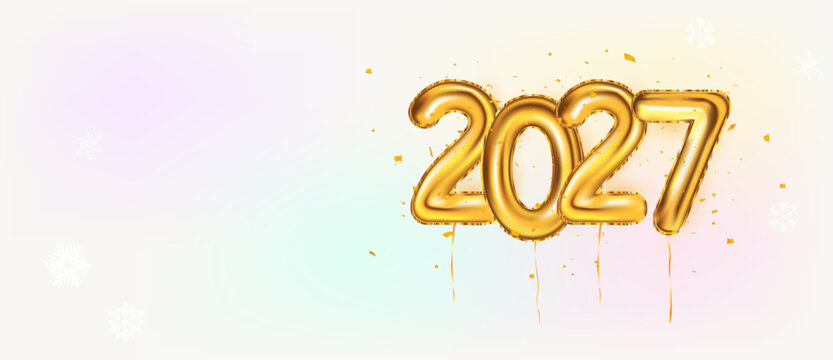 New Year's banner with balloons shaped like the numbers 2027 with shiny gold foil. Golden foil balloons numbers with falling confetti. Happy New Year banner with empty for text. Vector background