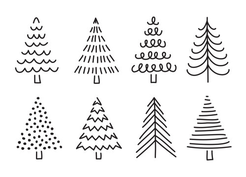 Cute hand drawn Christmas trees set in doodle style. Linear pine or fir tree icon, symbol or logo design element.