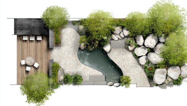 Top view architectural landscape design plan featuring a modern wooden garden structure stone pathway lush green trees and decorative rocks on white