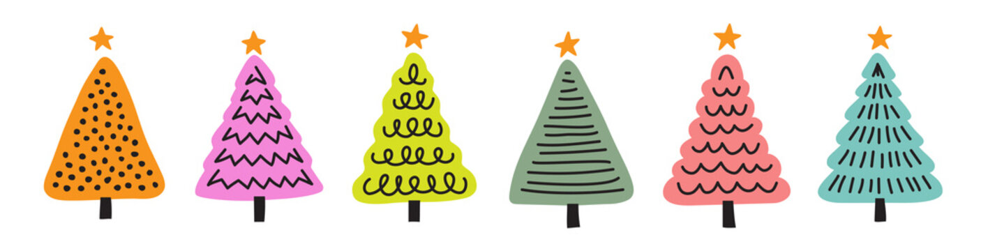 Cute colorful Christmas trees collection in a hand drawn doodle style.
