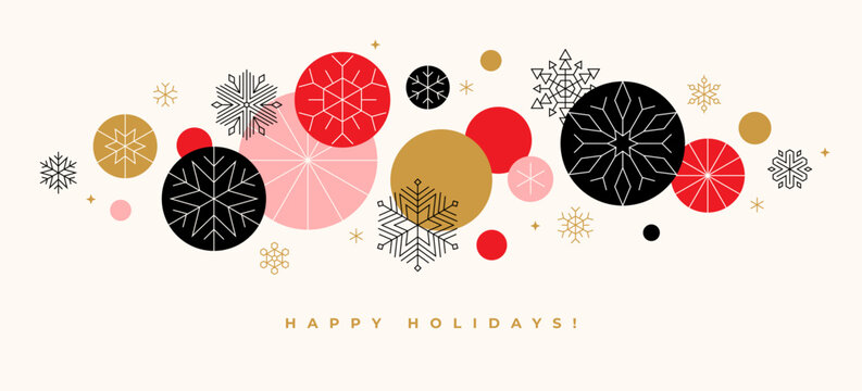 Christmas geometric greeting card or banner design with colorful circles and snowflakes shapes. Abstract winter holidays festive background
