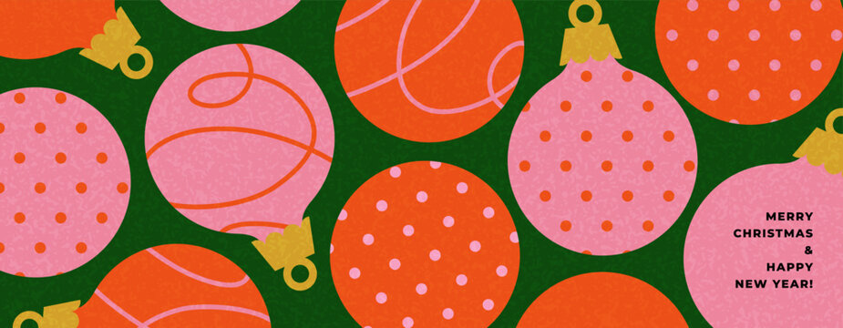 Christmas banner or greeting card design template with decorative baubles on green background. Festive background with Christmas ornaments.