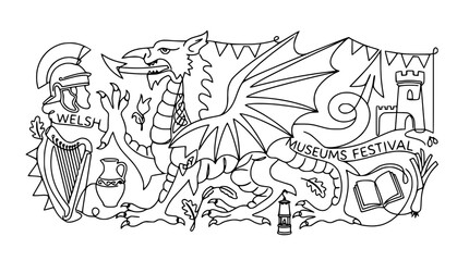 Obraz premium Welsh Dragon, Harp, Castle, Helmet - Line Art Illustration Isolated
