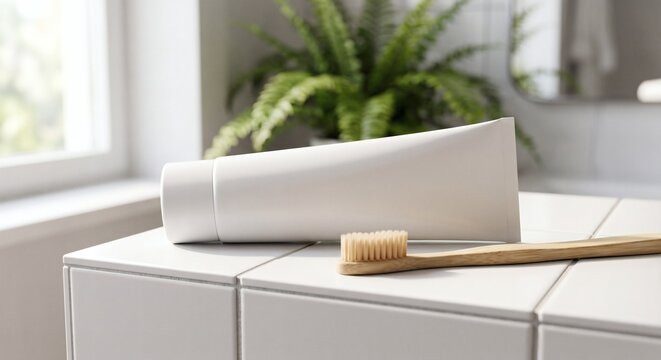 Photorealistic mockup of a blank white toothpaste tube and bamboo toothbrush