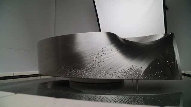 Turning motor pedestal carrying curved metal shell over basin in studio, softbox showing dimples